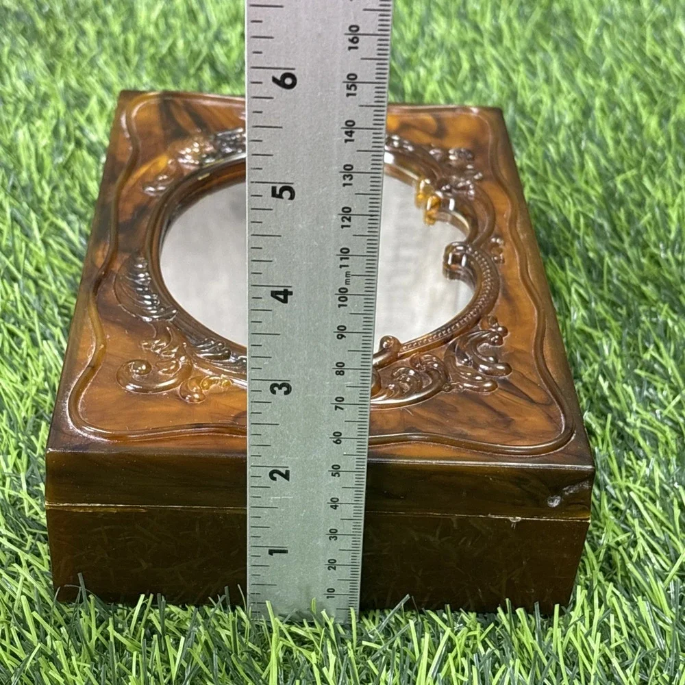 Vintage MCM Faux Tortoise Lucite Mirrored Jewelry Box Baroque Vanity Trinket